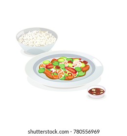 Stir-fried twisted cluster bean with shrimps and rice.
