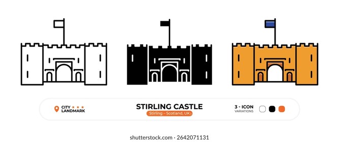 Ícone Da Linha Do Castelo De Stirling. Stirling, Escócia, Reino Unido, Marco, Silhueta, Vetor de cores, Traço editável.