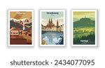 Stirling, Scotland. Strasbourg, France. Telluride, Colorado - Set of 3 Vintage Travel Posters. Vector illustration. High Quality Prints