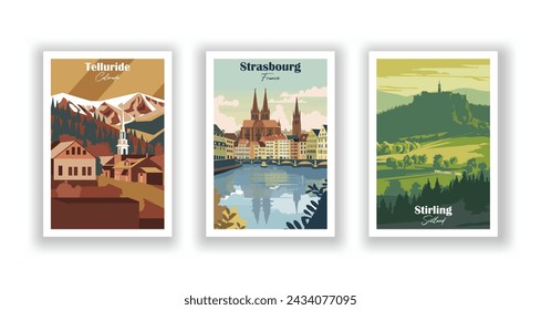 Stirling, Scotland. Strasbourg, France. Telluride, Colorado - Set of 3 Vintage Travel Posters. Vector illustration. High Quality Prints