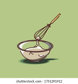 stirrer shaking batter in a bowl on light green background