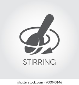 Stirring spoon with arrow direction icon. Symbol for recipes, culinary books, websites and mobile applications. Black flat image. Vector illustration on a gray background