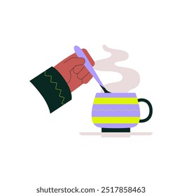 Stirring a steaming cup of hot coffee, flat vector illustration representing a cozy coffee break, relaxation, and morning routine with a hot drink.