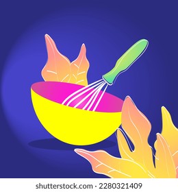 stirring with a whisk in a bowl, prepare confectionery sweets while working decorated with autumn leaves