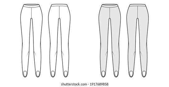 Stirrup Pants knit technical fashion illustration with low waist, rise, full length. Flat sport training, bottom trousers apparel template front, back, white grey color. Women men unisex CAD mockup