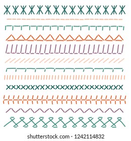 Stitch Borders. Color Sewing Seams. Embroidery Cloth Vector. Hand Drawn Page Decorations And Dividers Isolated On White Background. Illustration Of Colored Thread Stitch