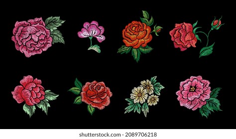 Stitch embroidery flowers. Embroidered floral design, flower bouquet. Fashion ornament vintage style, ethnic hand made patch. Nowaday rose peony vector kit