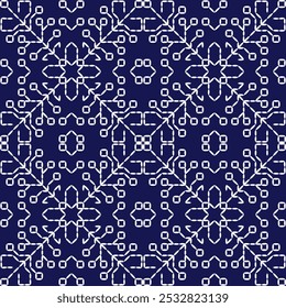 stitch embroidery Sashiko abstract seamless ornaments Japanese white line artwork indigo blue background vector design template decoration hand drawn print needle work quilt fabric geometric pattern

