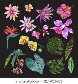 Stitch embroidery tropical flowers and leaves.  Nowaday vector set isolated elements on the black background.