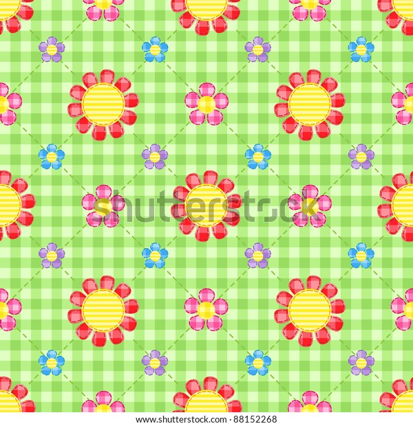 Stitch Flowers On Green Gingham Background Stock Vector (Royalty Free