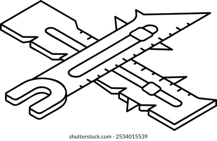 stitch gauge measurement scale isometric outline concept, Point Turner Seam ruler vector icon, custom tailoring symbol, Made-to-measure clothing sign,Sewist materials stock illustration