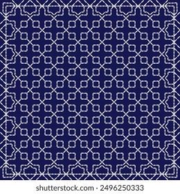 Stitch Japanese embroidery pattern abstract seamless geometric ornaments white stitch line artwork indigo blue background vector design template decoration
