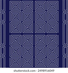 Stitch Japanese embroidery pattern abstract seamless geometric ornaments white stitch line artwork indigo blue background vector design template decoration

