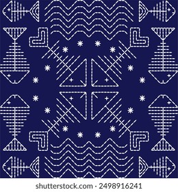 Stitch Japanese embroidery pattern abstract seamless geometric ornaments white stitch line artwork indigo blue background vector design template decoration

