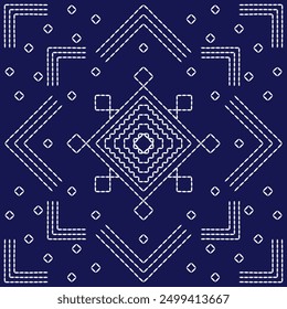 Stitch Japanese embroidery pattern abstract seamless geometric ornaments white stitch line artwork indigo blue background vector design template decoration mandala square
