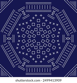 Stitch Japanese embroidery pattern abstract seamless geometric ornaments white stitch line artwork indigo blue background vector design template decoration mandala ladder
