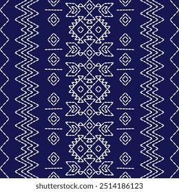  stitch Japanese embroidery Sashiko abstract seamless ornaments white line artwork indigo blue background vector design template decoration hand drawn print needle work quilt fabric geometric pattern
