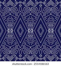  stitch Japanese embroidery Sashiko abstract seamless ornaments white line artwork indigo blue background vector design template decoration hand drawn print needle work quilt fabric geometric pattern
