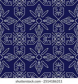  stitch Japanese embroidery Sashiko abstract seamless ornaments white line artwork indigo blue background vector design template decoration hand drawn print needle work quilt fabric geometric pattern
