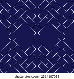  stitch Japanese embroidery Sashiko abstract seamless ornaments white line artwork indigo blue background vector design template decoration hand drawn print needle work quilt fabric geometric pattern
