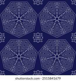  stitch Japanese embroidery Sashiko abstract seamless ornaments white line artwork indigo blue background vector design template decoration hand drawn print needle work quilt fabric geometric pattern
