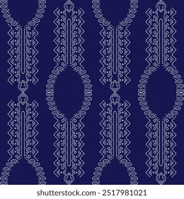 Stich japanische Stickerei Sashiko abstrakt nahtlose Ornamente weiße Linie Kunstwerk Indigo blau Hintergrund Vektor Design Template Dekoration handgezeichnet Druck Nadel Arbeit Steppdecke Stoff geometrisches Muster

