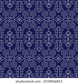 stitch Japanese embroidery Sashiko abstract seamless ornaments white line artwork indigo blue background vector design template decoration hand drawn print needle work quilt fabric geometric pattern
