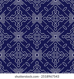 stitch Japanese embroidery Sashiko abstract seamless ornaments white line artwork indigo blue background vector design template decoration hand drawn print needle work quilt fabric geometric pattern
