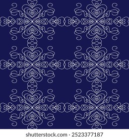 stitch Japanese embroidery Sashiko abstract seamless ornaments white line artwork indigo blue background vector design template decoration hand drawn print needle work quilt fabric geometric pattern

