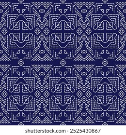  stitch Japanese embroidery Sashiko abstract seamless ornaments white line artwork indigo blue background vector design template decoration hand drawn print needle work quilt fabric geometric pattern
