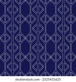  stitch Japanese embroidery Sashiko abstract seamless ornaments white line artwork indigo blue background vector design template decoration hand drawn print needle work quilt fabric geometric pattern
