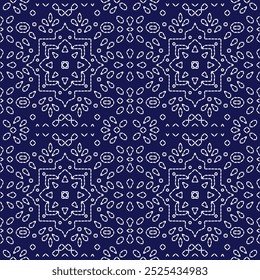  stitch Japanese embroidery Sashiko abstract seamless ornaments white line artwork indigo blue background vector design template decoration hand drawn print needle work quilt fabric geometric pattern
