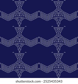  stitch Japanese embroidery Sashiko abstract seamless ornaments white line artwork indigo blue background vector design template decoration hand drawn print needle work quilt fabric geometric pattern
