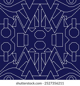 stitch Japanese embroidery Sashiko abstract seamless ornaments white line artwork indigo blue background vector design template decoration hand drawn print needle work quilt fabric geometric pattern
