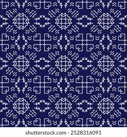  stitch Japanese embroidery Sashiko abstract seamless ornaments white line artwork indigo blue background vector design template decoration hand drawn print needle work quilt fabric geometric pattern
