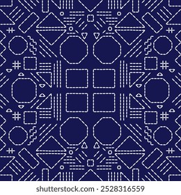  stitch Japanese embroidery Sashiko abstract seamless ornaments white line artwork indigo blue background vector design template decoration hand drawn print needle work quilt fabric geometric pattern
