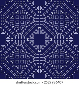 stitch Japanese embroidery Sashiko abstract seamless ornaments white line artwork indigo blue background vector design template decoration hand drawn print needle work quilt fabric geometric pattern

