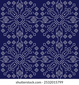 ponto bordado japonês Sashiko abstrata perfeita ornamentos branco linha artwork indigo azul fundo vetor design modelo decoração mão desenhada impressão agulha trabalho colcha tecido padrão geométrico
