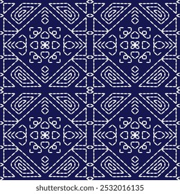 stitch Japanese embroidery Sashiko abstract seamless ornaments white line artwork indigo blue background vector design template decoration hand drawn print needle work quilt fabric geometric pattern
