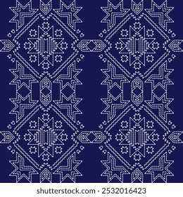 stitch Japanese embroidery Sashiko abstract seamless ornaments white line artwork indigo blue background vector design template decoration hand drawn print needle work quilt fabric geometric pattern
