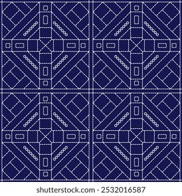 ponto bordado japonês Sashiko abstrata perfeita ornamentos branco linha artwork indigo azul fundo vetor design modelo decoração mão desenhada impressão agulha trabalho colcha tecido padrão geométrico
