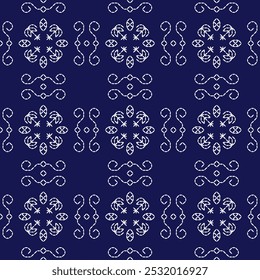 stitch Japanese embroidery Sashiko abstract seamless ornaments white line artwork indigo blue background vector design template decoration hand drawn print needle work quilt fabric geometric pattern
