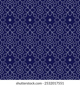 ponto bordado japonês Sashiko abstrata perfeita ornamentos branco linha artwork indigo azul fundo vetor design modelo decoração mão desenhada impressão agulha trabalho colcha tecido padrão geométrico
