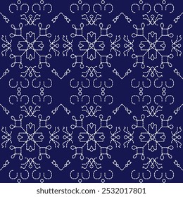 stitch Japanese embroidery Sashiko abstract seamless ornaments white line artwork indigo blue background vector design template decoration hand drawn print needle work quilt fabric geometric pattern
