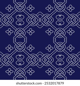 stitch Japanese embroidery Sashiko abstract seamless ornaments white line artwork indigo blue background vector design template decoration hand drawn print needle work quilt fabric geometric pattern
