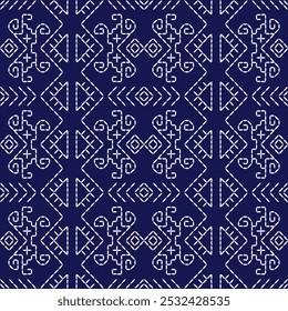 stitch Japanese embroidery Sashiko abstract seamless ornaments white line artwork indigo blue background vector design template decoration hand drawn print needle work quilt fabric geometric pattern

