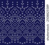 Stitch Japanese embroidery Sashiko pattern abstract seamless geometric ornaments white stitch line artwork indigo blue background vector design template decoration hand drawn print needle work quilt 
