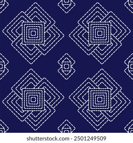 Stitch Japanese embroidery Sashiko pattern abstract seamless geometric ornaments white stitch line artwork indigo blue background vector design template decoration
