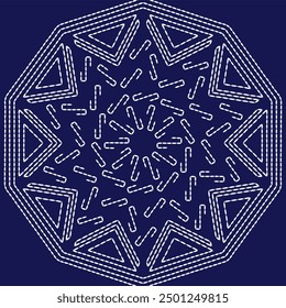 Stitch Japanese embroidery Sashiko pattern abstract seamless geometric ornaments white stitch line artwork indigo blue background vector design template decoration mandala