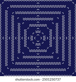 Stitch Japanese embroidery Sashiko pattern abstract seamless geometric ornaments white stitch line artwork indigo blue background vector design template decoration